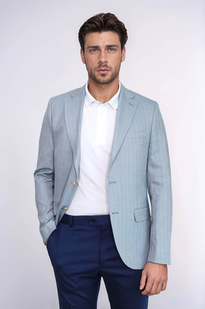 WSS Light Blue Herringbone Pattern Gold Metal Button Slim Fit Men's Blazer Jacket  - Topeka