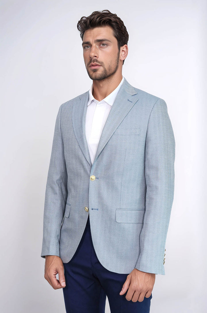 WSS Light Blue Herringbone Pattern Gold Metal Button Slim Fit Men's Blazer Jacket  - Topeka