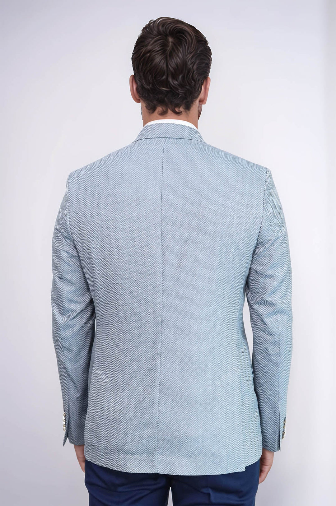 WSS Light Blue Herringbone Pattern Gold Metal Button Slim Fit Men's Blazer Jacket  - Topeka