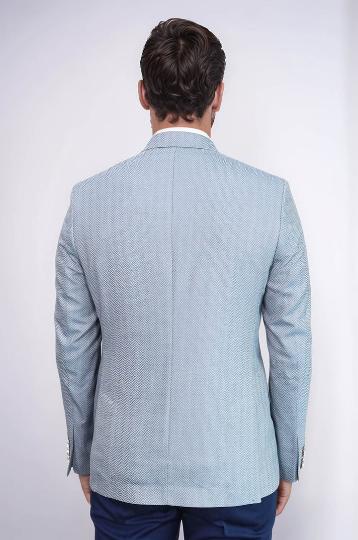 WSS Light Blue Herringbone Pattern Gold Metal Button Slim Fit Men's Blazer Jacket  - Topeka