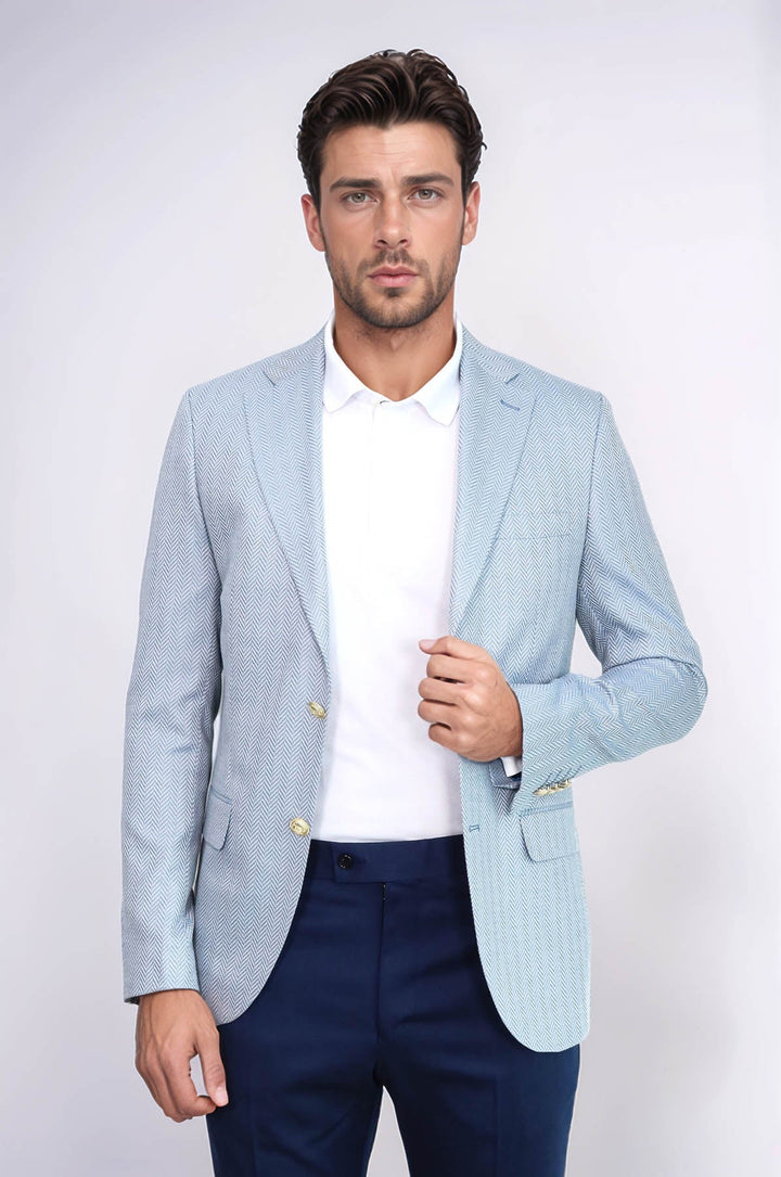 WSS Light Blue Herringbone Pattern Gold Metal Button Slim Fit Men's Blazer Jacket  - Topeka