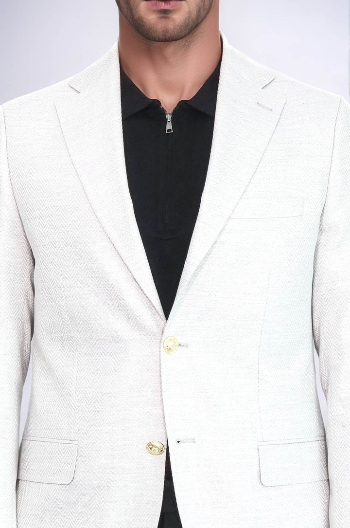 WSS Light Grey Herringbone Pattern Gold Metal Button Slim Fit Men's Blazer Jacket  - Görlitz