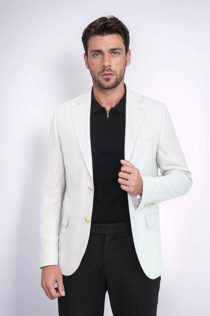 WSS Light Grey Herringbone Pattern Gold Metal Button Slim Fit Men's Blazer Jacket  - Görlitz