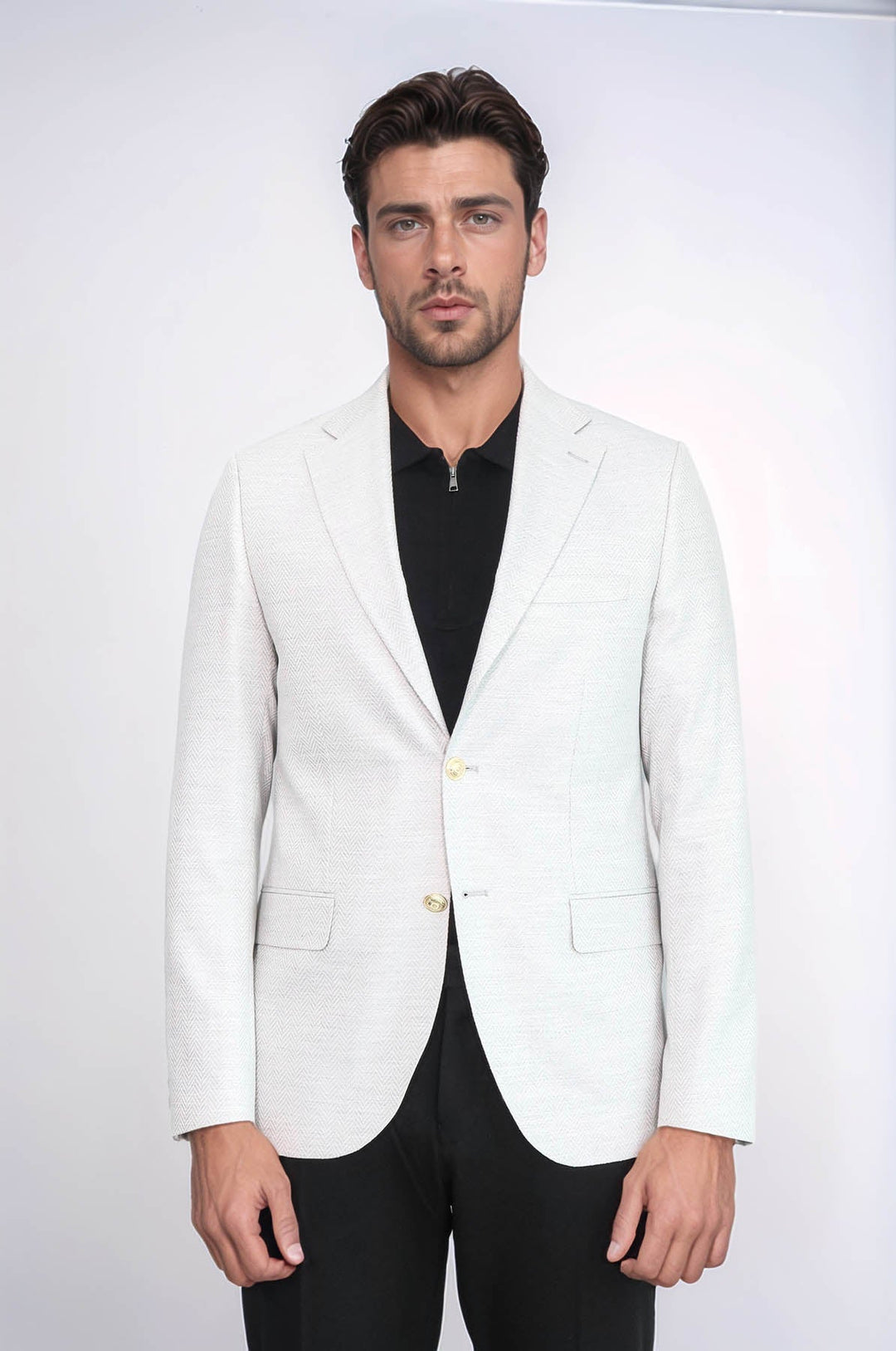 WSS Light Grey Herringbone Pattern Gold Metal Button Slim Fit Men's Blazer Jacket  - Görlitz
