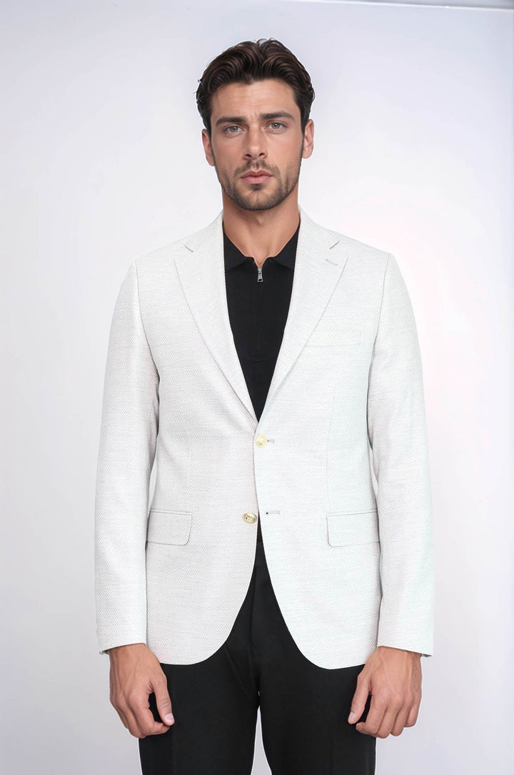 WSS Light Grey Herringbone Pattern Gold Metal Button Slim Fit Men's Blazer Jacket  - Görlitz