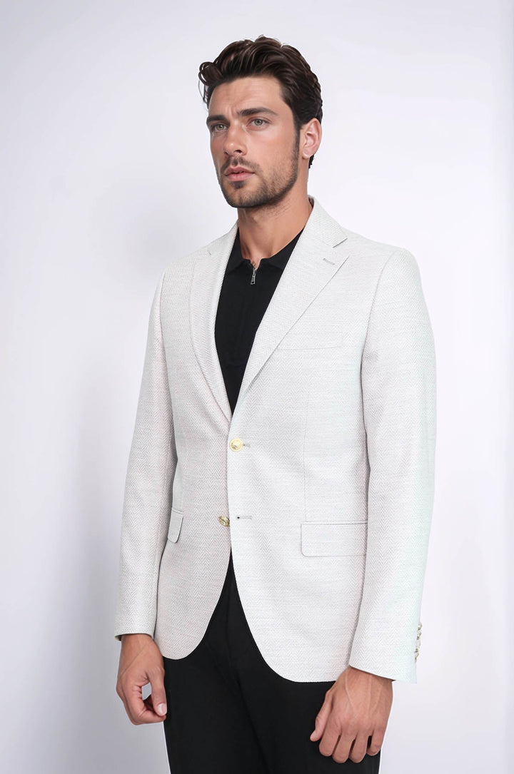 WSS Light Grey Herringbone Pattern Gold Metal Button Slim Fit Men's Blazer Jacket  - Görlitz
