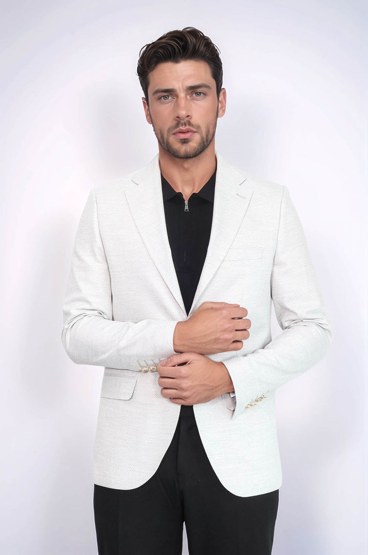 WSS Light Grey Herringbone Pattern Gold Metal Button Slim Fit Men's Blazer Jacket  - Görlitz