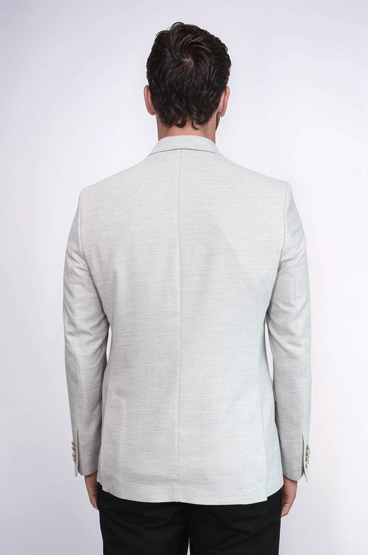 WSS Light Grey Herringbone Pattern Gold Metal Button Slim Fit Men's Blazer Jacket  - Görlitz