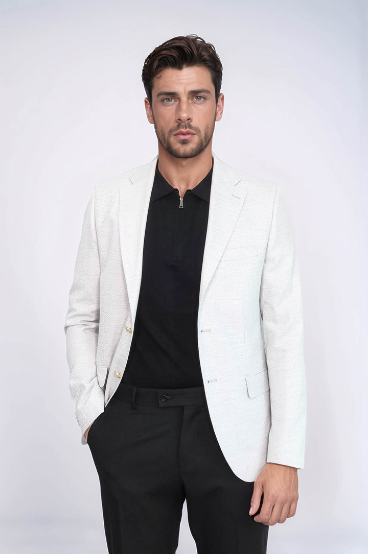 WSS Light Grey Herringbone Pattern Gold Metal Button Slim Fit Men's Blazer Jacket  - Görlitz