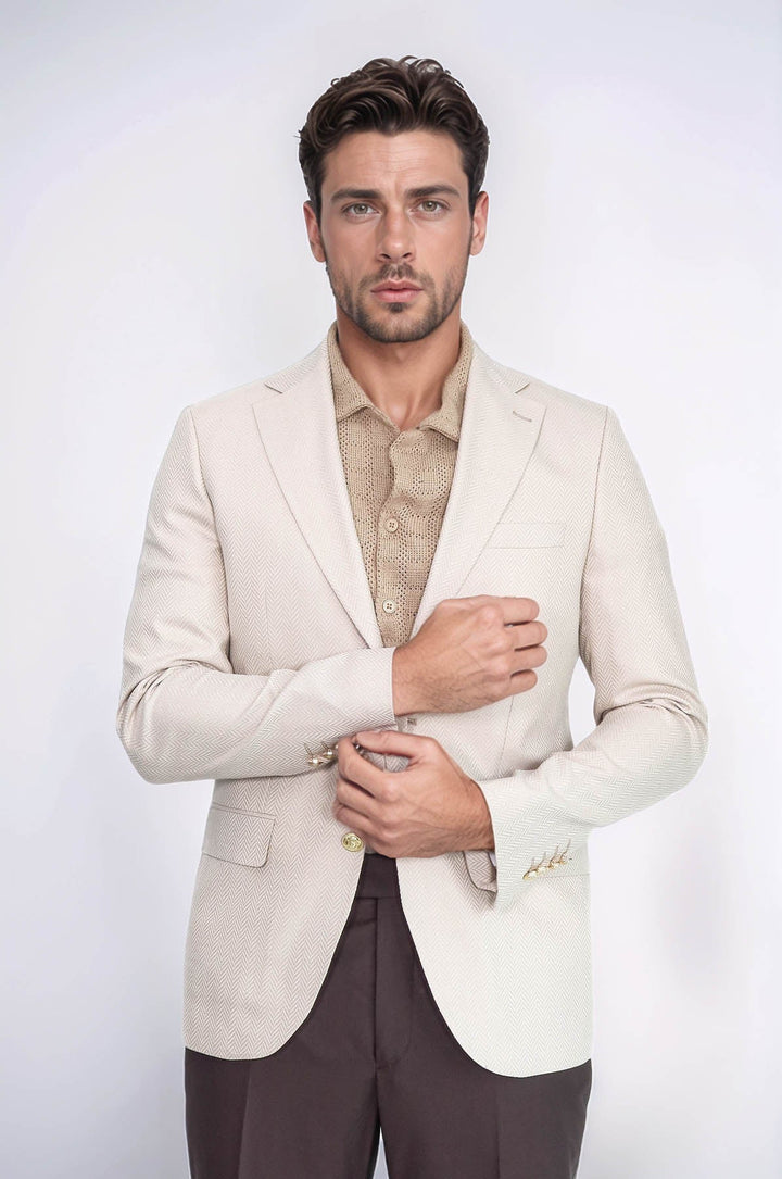 WSS Beige Herringbone Pattern Gold MetalButton Slim Fit Men's Blazer Jacket  - Melbourne