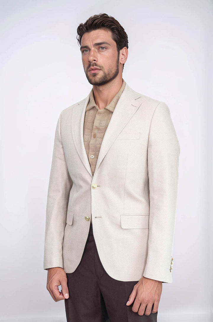 WSS Beige Herringbone Pattern Gold MetalButton Slim Fit Men's Blazer Jacket  - Melbourne