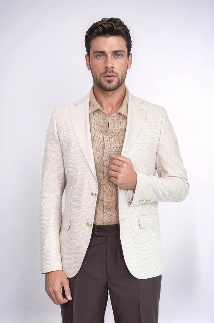WSS Beige Herringbone Pattern Gold MetalButton Slim Fit Men's Blazer Jacket  - Melbourne