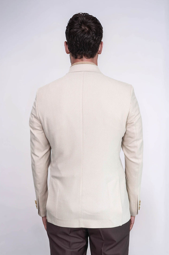 WSS Beige Herringbone Pattern Gold MetalButton Slim Fit Men's Blazer Jacket  - Melbourne