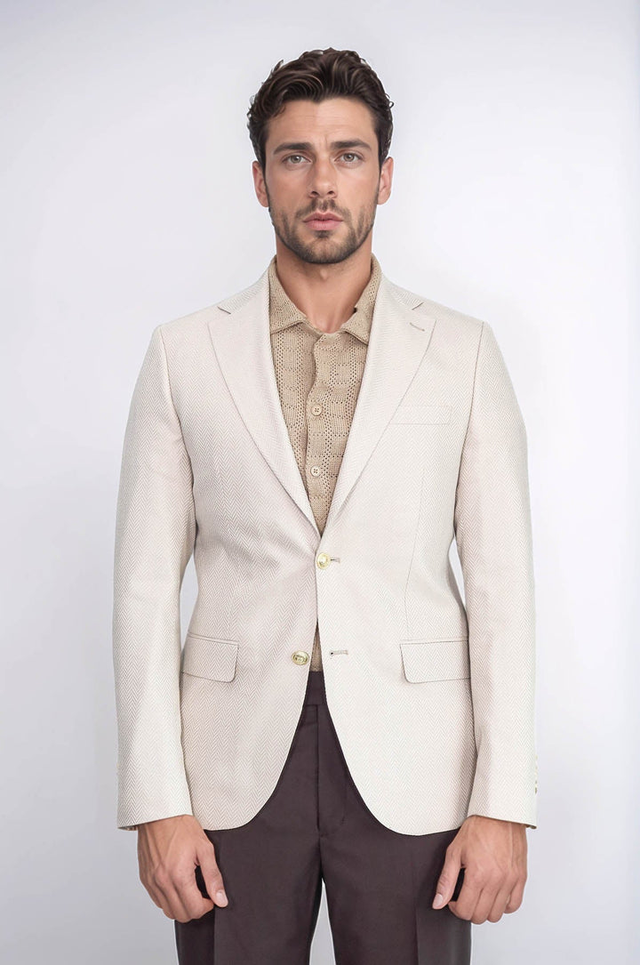 WSS Beige Herringbone Pattern Gold MetalButton Slim Fit Men's Blazer Jacket  - Melbourne