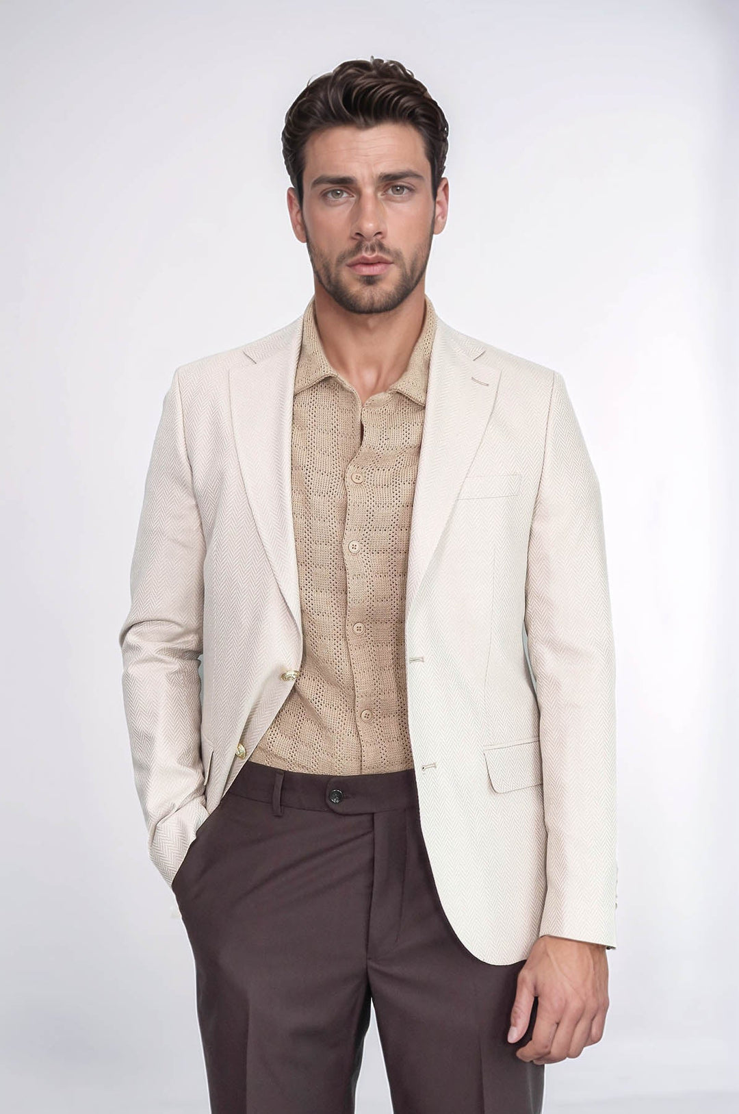 WSS Beige Herringbone Pattern Gold MetalButton Slim Fit Men's Blazer Jacket  - Melbourne