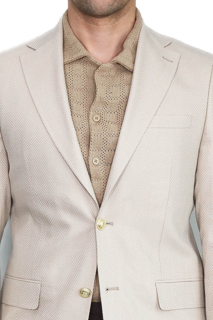 WSS Beige Herringbone Pattern Gold MetalButton Slim Fit Men's Blazer Jacket  - Melbourne