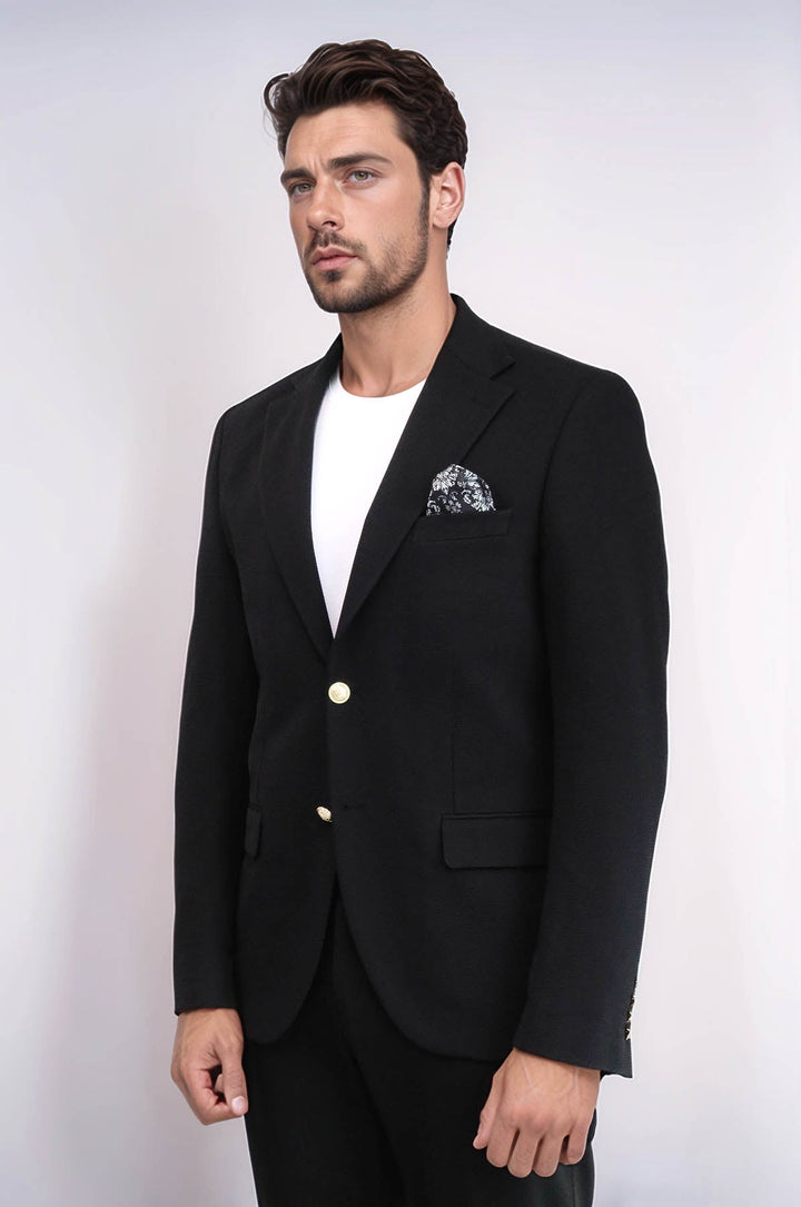 WSS Black Textured Gold Metal Button Slim Fit Men's Blazer Jacket  - Barendrecht