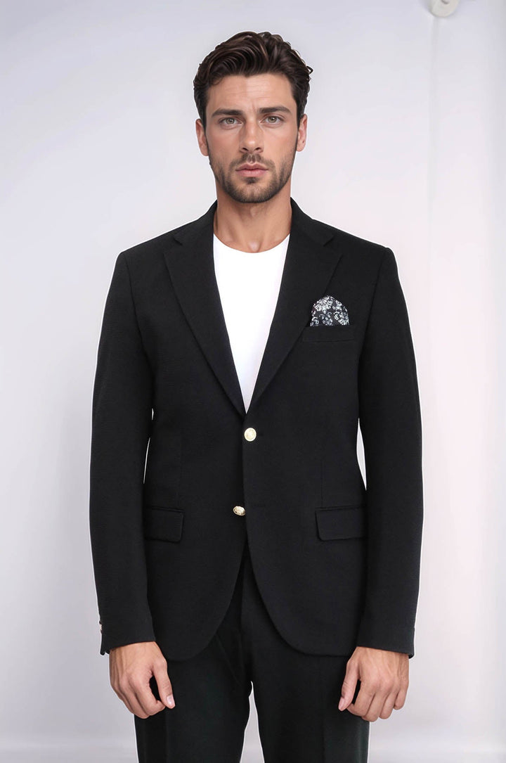 WSS Black Textured Gold Metal Button Slim Fit Men's Blazer Jacket  - Barendrecht
