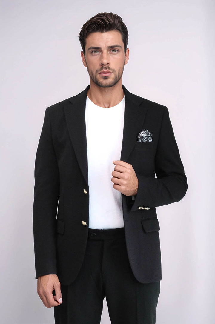 WSS Black Textured Gold Metal Button Slim Fit Men's Blazer Jacket  - Barendrecht