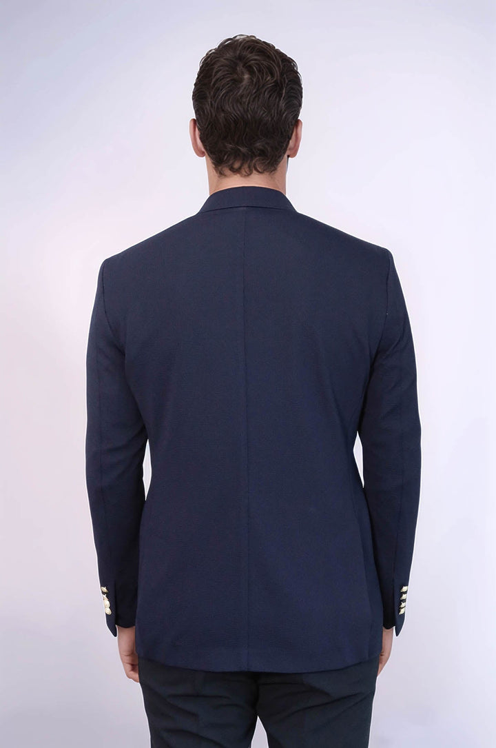 WSS Navy Blue Textured Gold Metal Button Slim Fit Men's Blazer Jacket  - Alba Iulia