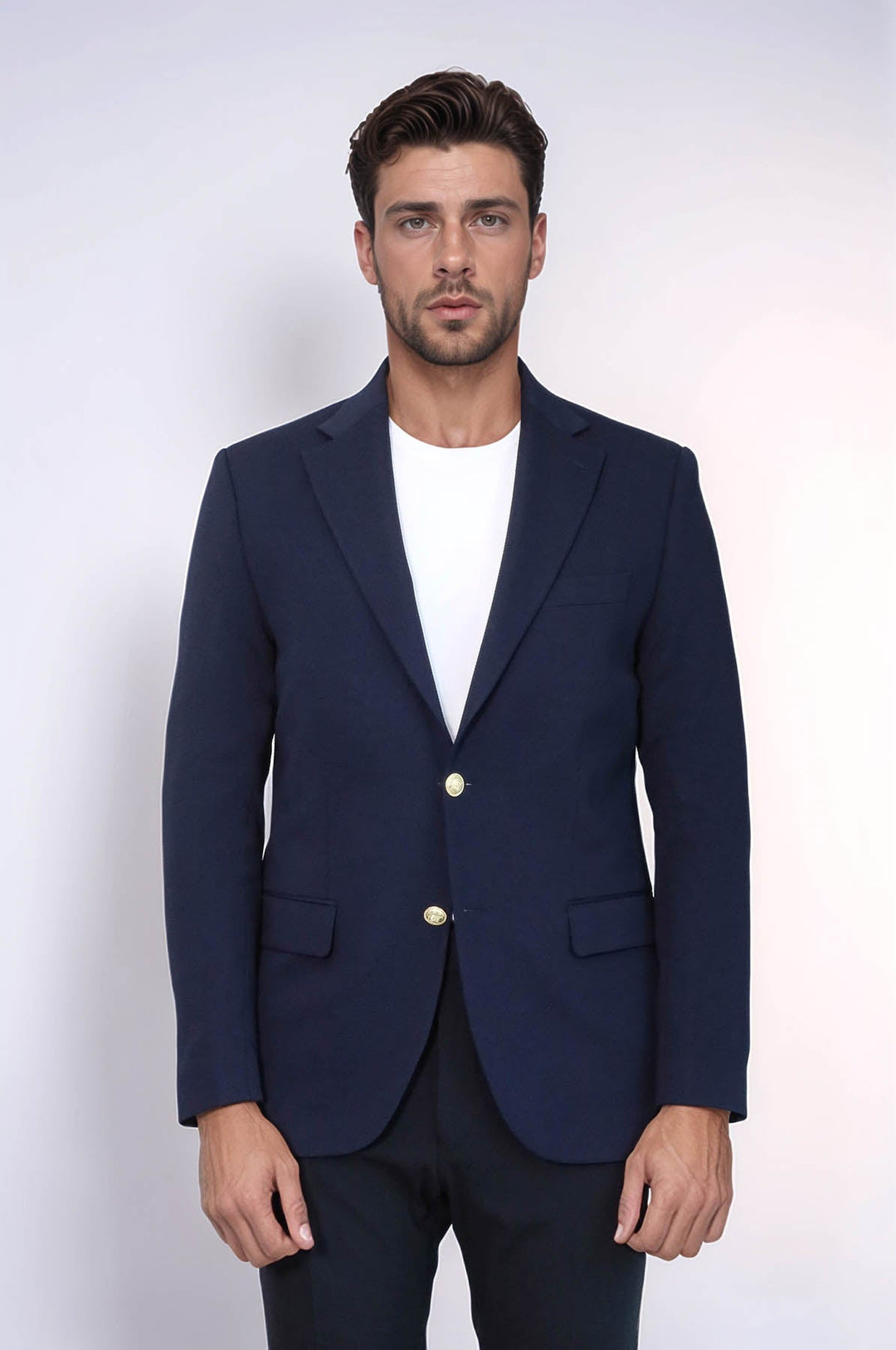 WSS Navy Blue Textured Gold Metal Button Slim Fit Men's Blazer Jacket  - Alba Iulia