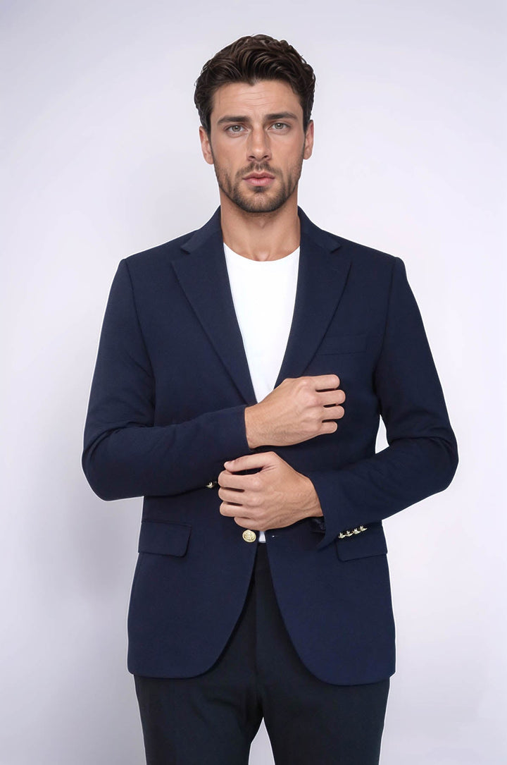 WSS Navy Blue Textured Gold Metal Button Slim Fit Men's Blazer Jacket  - Alba Iulia