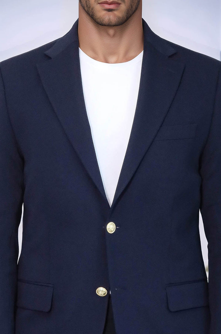 WSS Navy Blue Textured Gold Metal Button Slim Fit Men's Blazer Jacket  - Alba Iulia