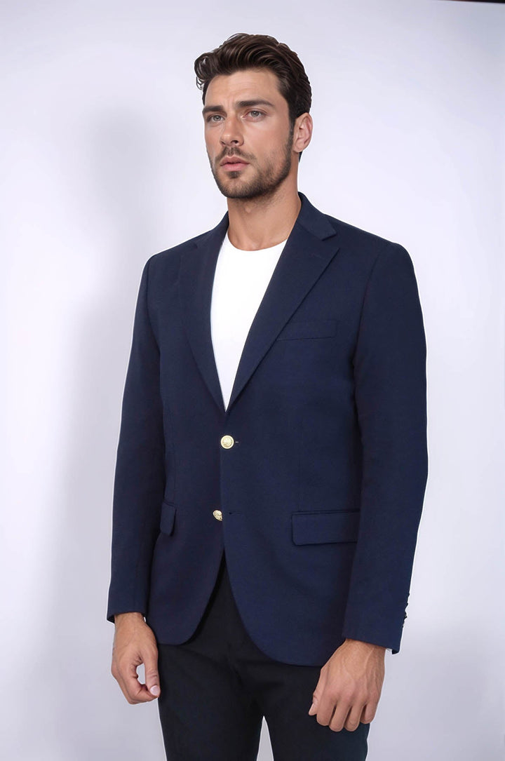 WSS Navy Blue Textured Gold Metal Button Slim Fit Men's Blazer Jacket  - Alba Iulia