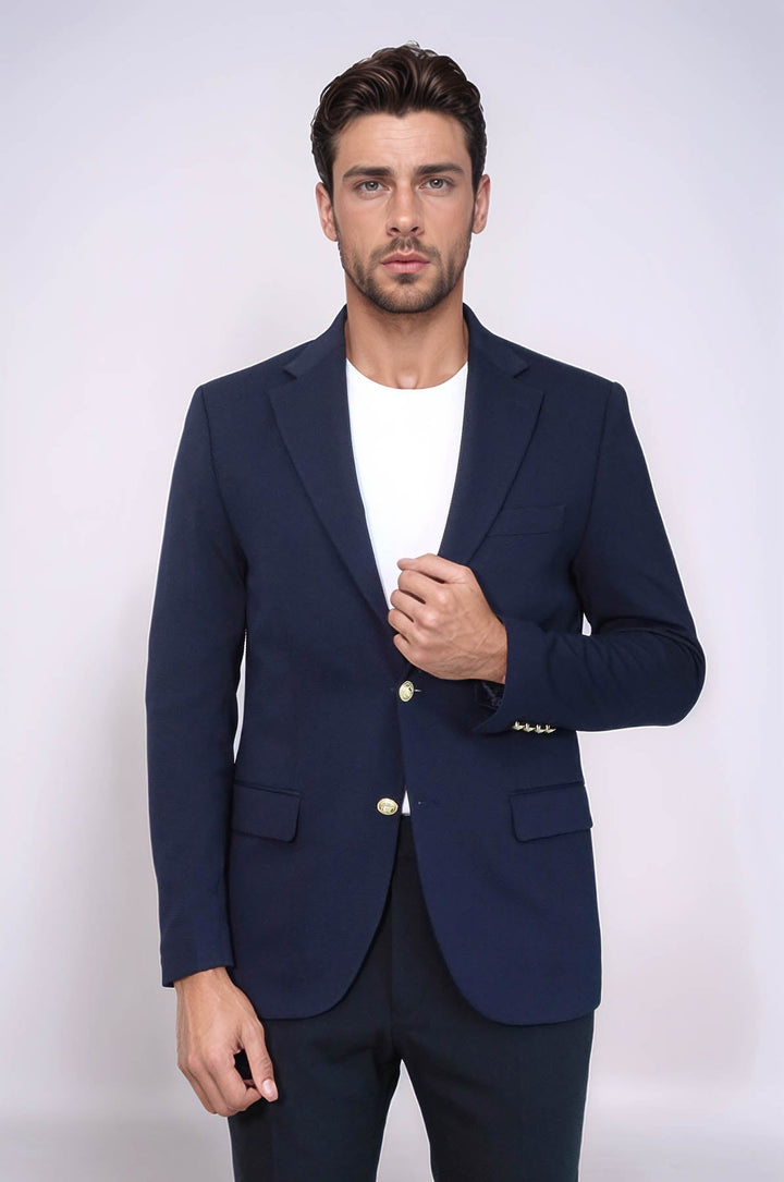 WSS Navy Blue Textured Gold Metal Button Slim Fit Men's Blazer Jacket  - Alba Iulia
