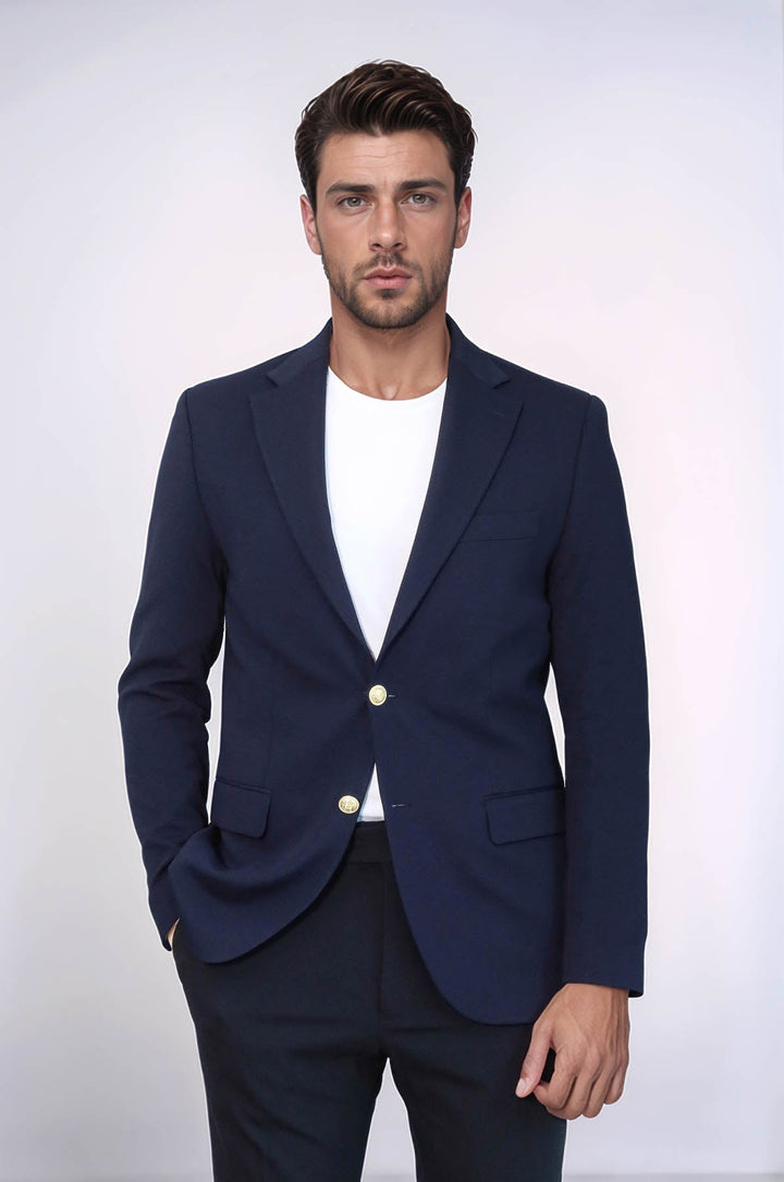 WSS Navy Blue Textured Gold Metal Button Slim Fit Men's Blazer Jacket  - Alba Iulia