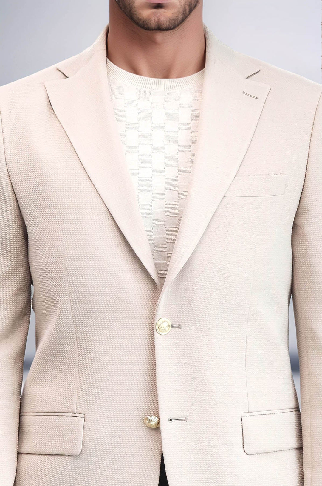 WSS Beige Textured Gold Metal Button Slim Fit Men's Blazer Jacket  - El Ejido