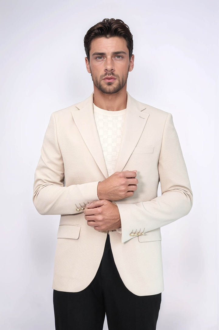 WSS Beige Textured Gold Metal Button Slim Fit Men's Blazer Jacket  - El Ejido