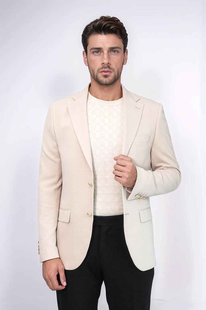 WSS Beige Textured Gold Metal Button Slim Fit Men's Blazer Jacket  - El Ejido