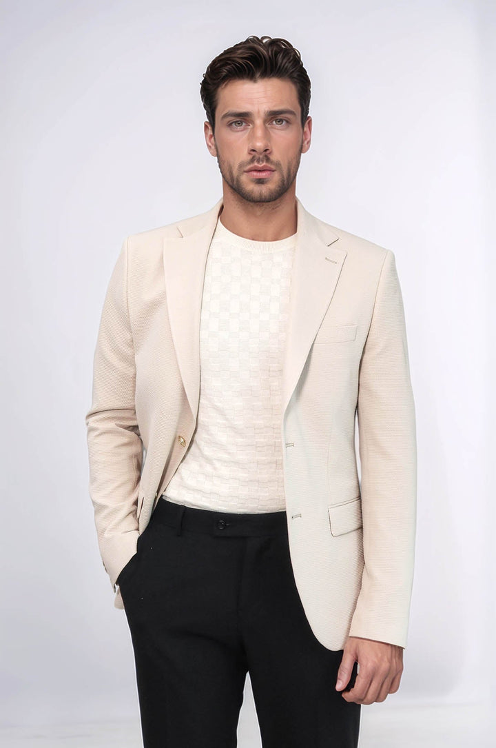 WSS Beige Textured Gold Metal Button Slim Fit Men's Blazer Jacket  - El Ejido