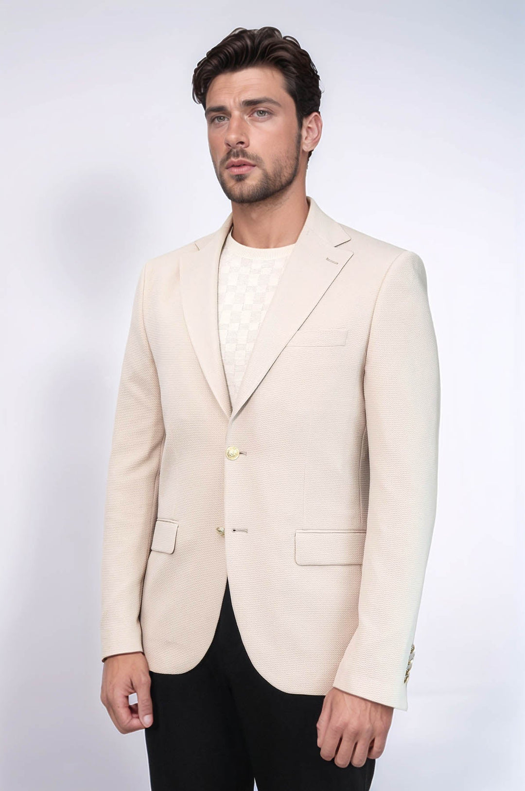 WSS Beige Textured Gold Metal Button Slim Fit Men's Blazer Jacket  - El Ejido