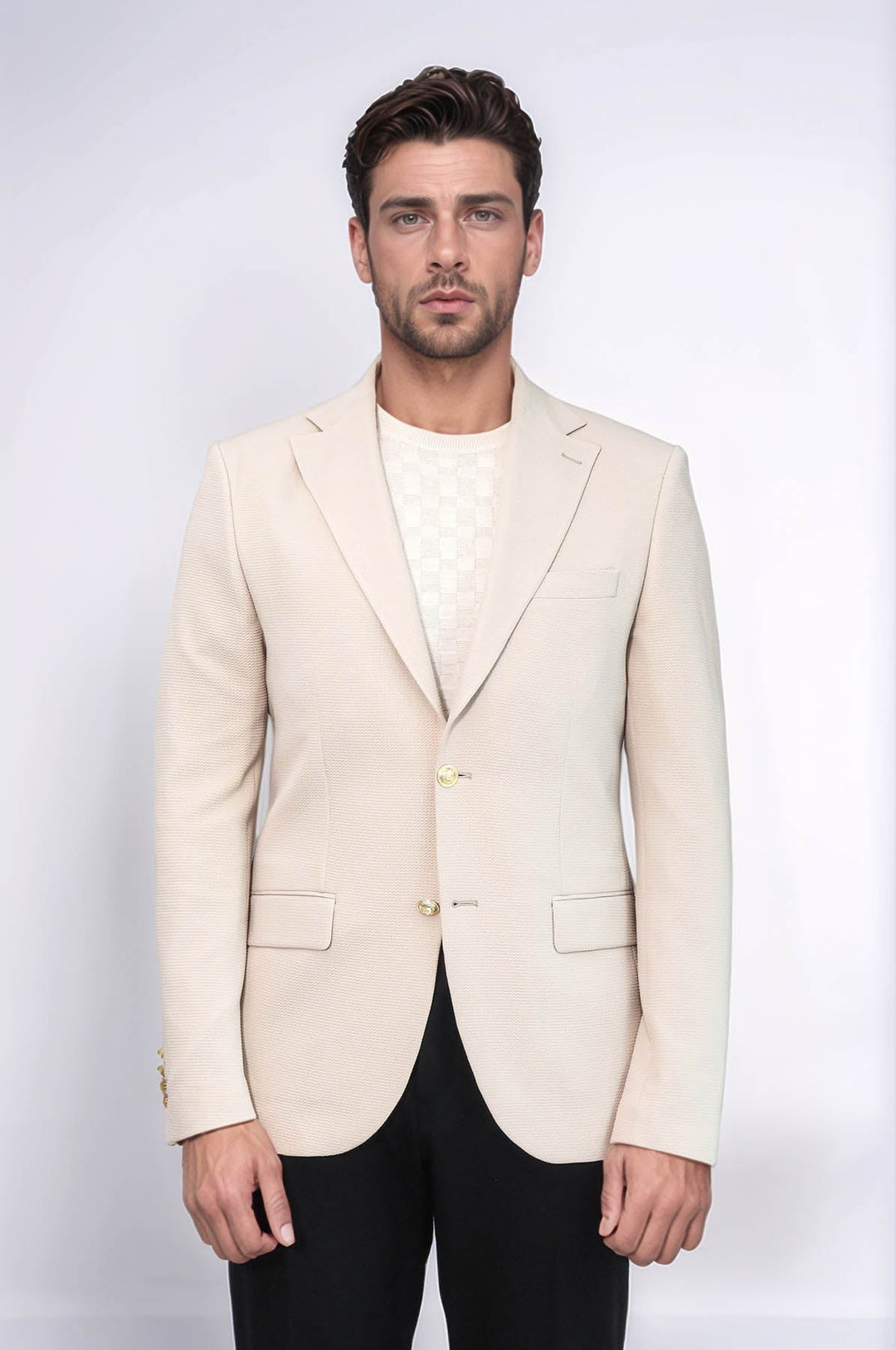 WSS Beige Textured Gold Metal Button Slim Fit Men's Blazer Jacket  - El Ejido