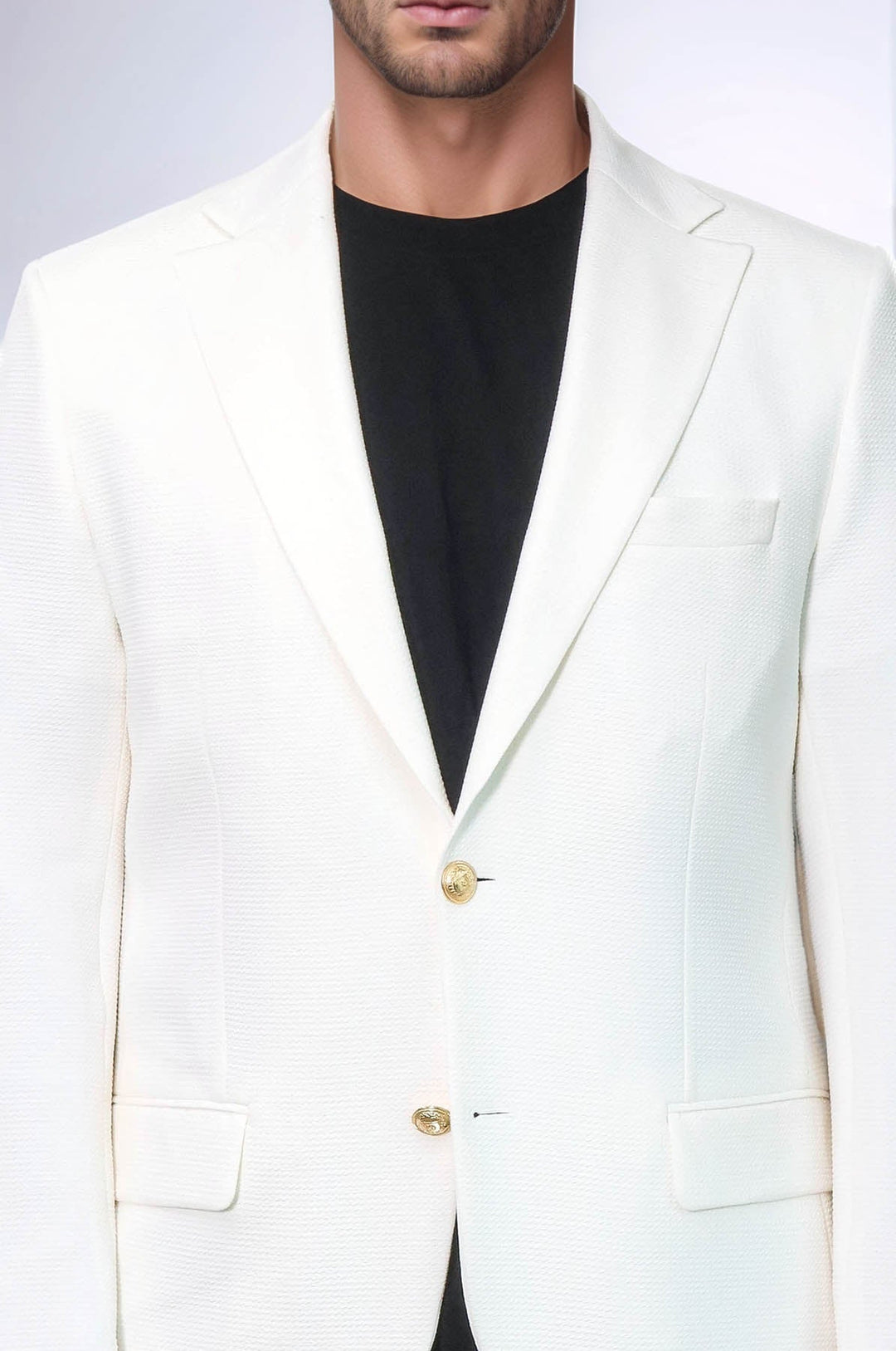 WSS Ecru Textured Gold Metal Button Slim Fit Men's Blazer Jacket  - Coburg
