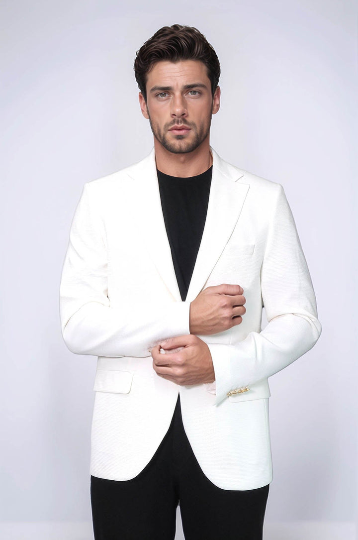 WSS Ecru Textured Gold Metal Button Slim Fit Men's Blazer Jacket  - Coburg