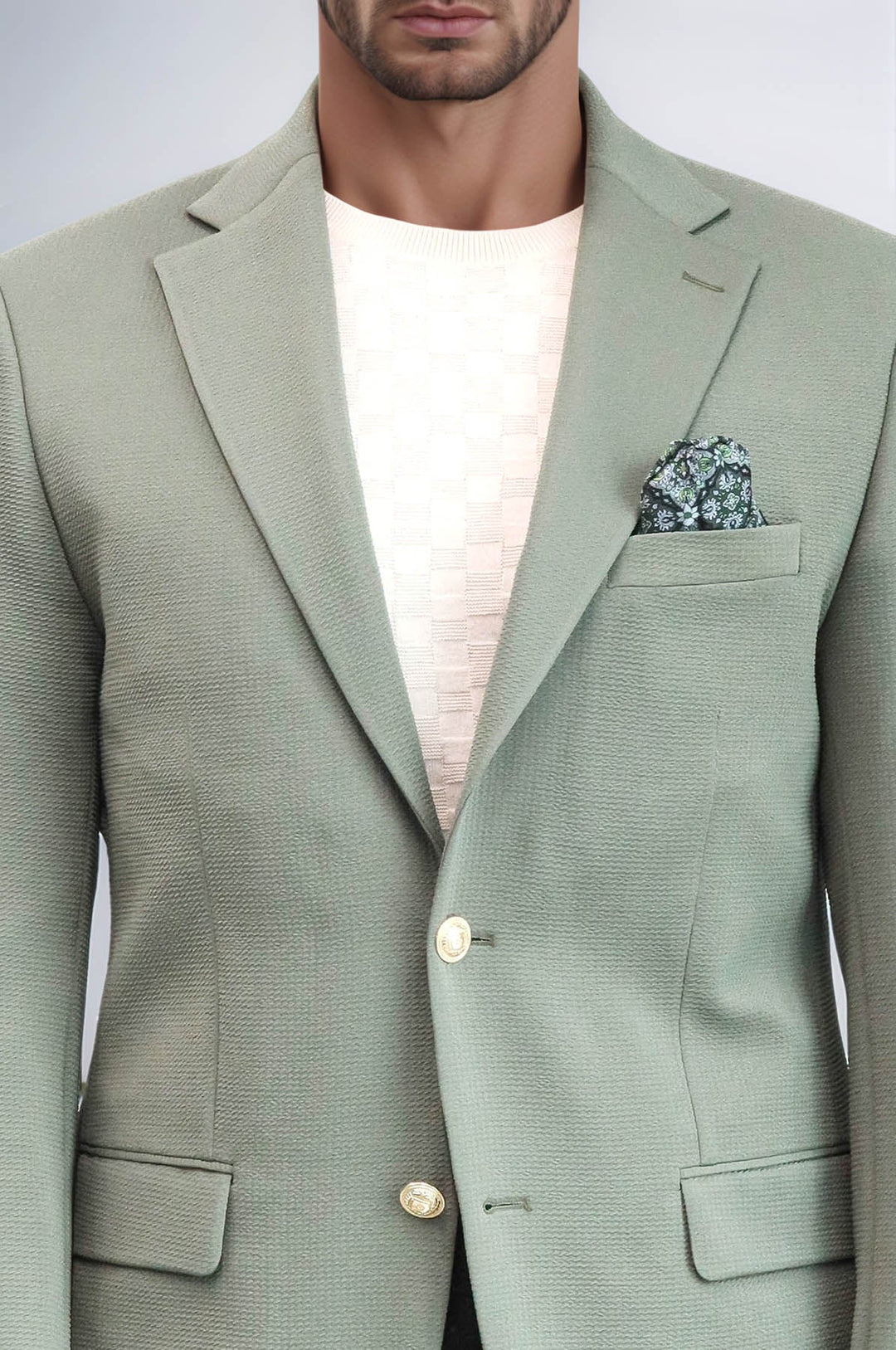 WSS Sage Green Textured Gold Metal Button Slim Fit Men's Blazer Jacket  - Ciudad Victoria