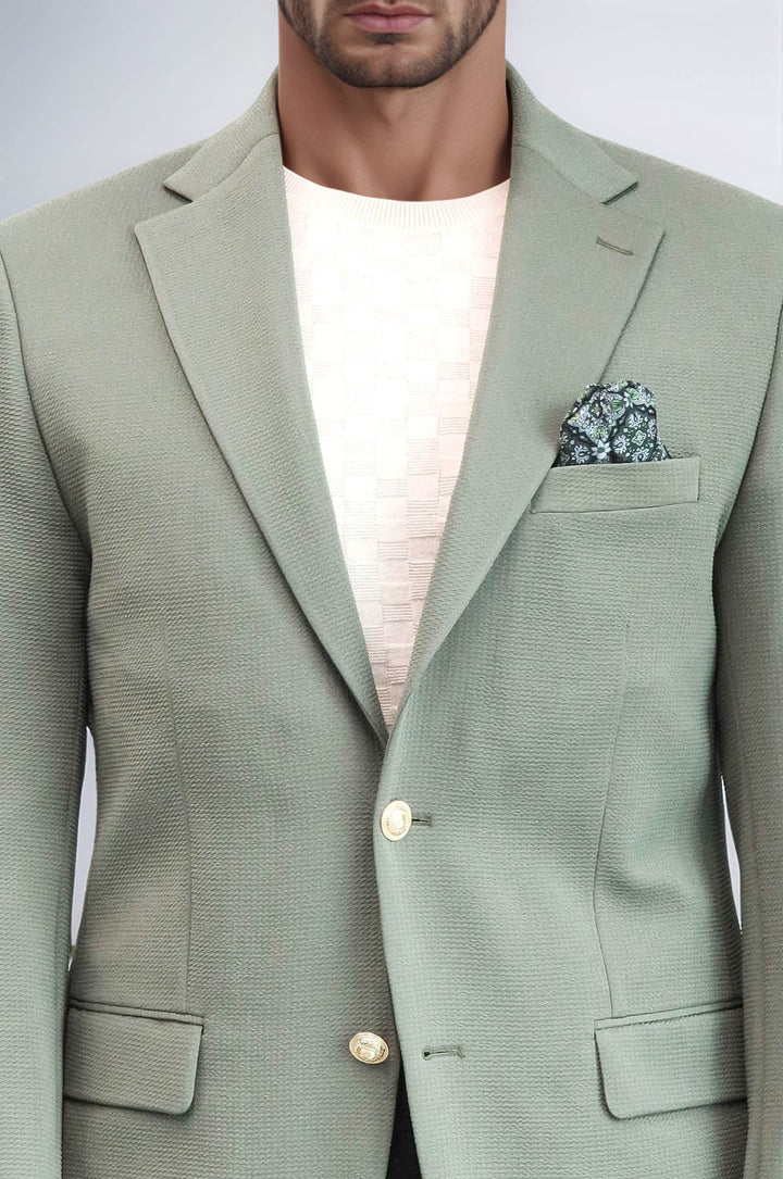 WSS Sage Green Textured Gold Metal Button Slim Fit Men's Blazer Jacket  - Ciudad Victoria