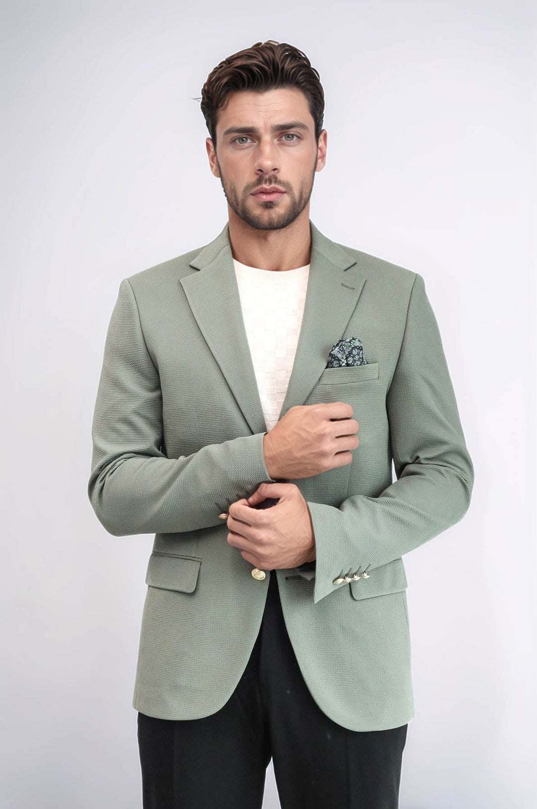 WSS Sage Green Textured Gold Metal Button Slim Fit Men's Blazer Jacket  - Ciudad Victoria