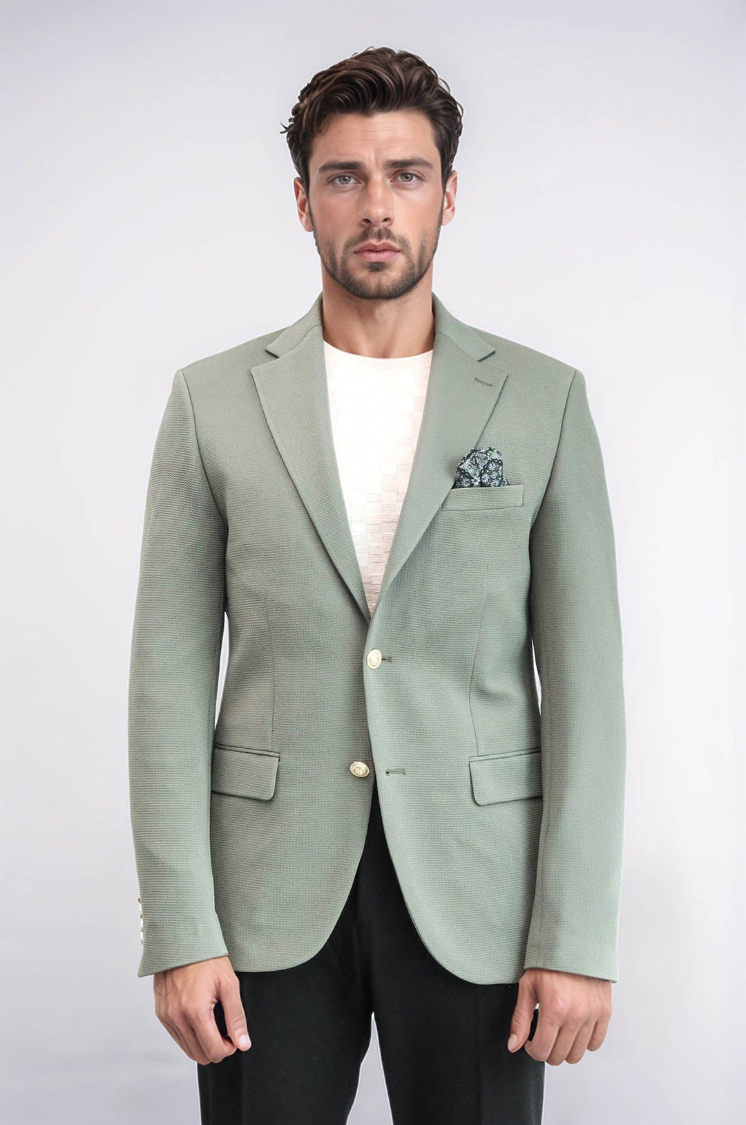 WSS Sage Green Textured Gold Metal Button Slim Fit Men's Blazer Jacket  - Ciudad Victoria