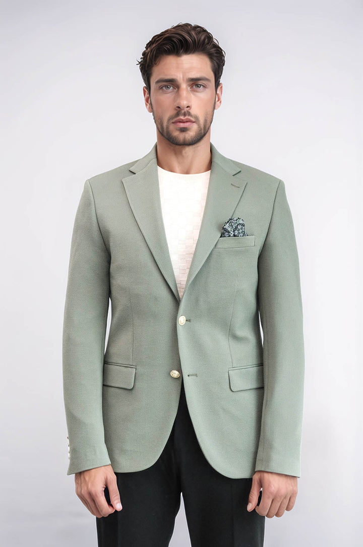 WSS Sage Green Textured Gold Metal Button Slim Fit Men's Blazer Jacket  - Ciudad Victoria