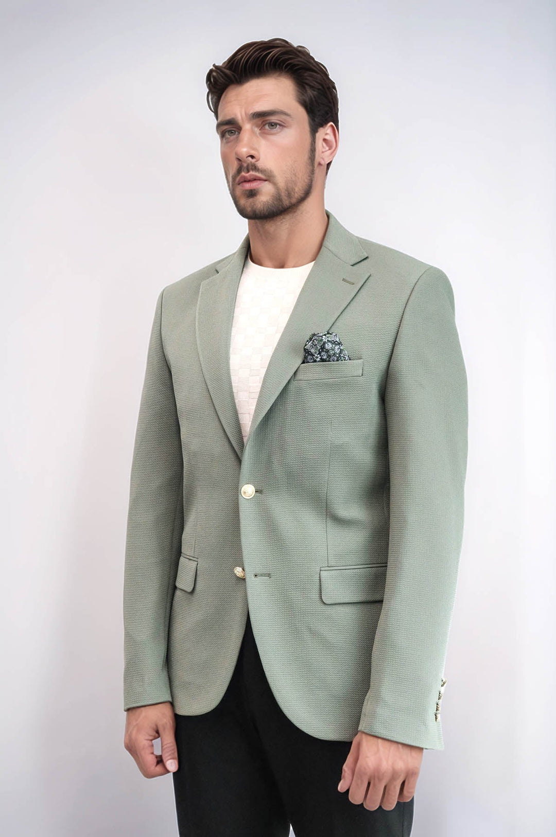 WSS Sage Green Textured Gold Metal Button Slim Fit Men's Blazer Jacket  - Ciudad Victoria