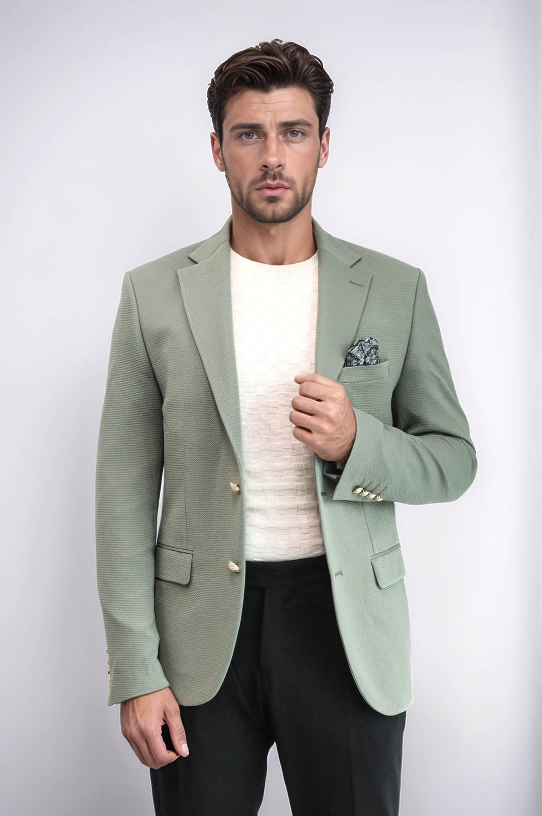 WSS Sage Green Textured Gold Metal Button Slim Fit Men's Blazer Jacket  - Ciudad Victoria