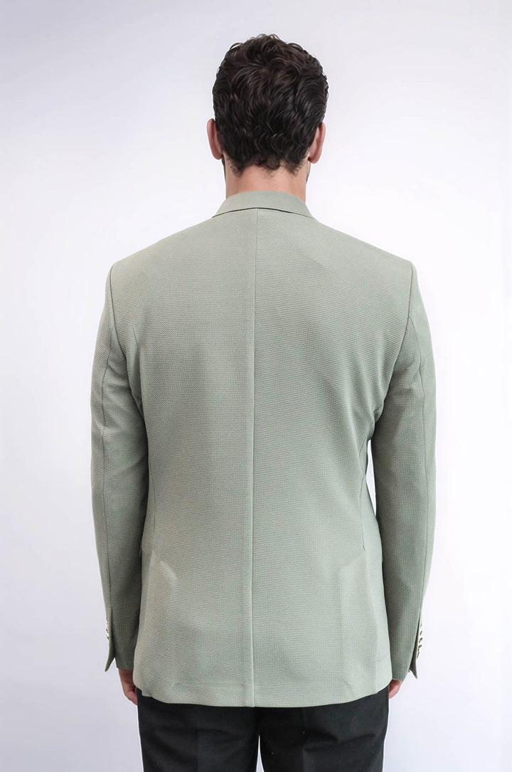 WSS Sage Green Textured Gold Metal Button Slim Fit Men's Blazer Jacket  - Ciudad Victoria