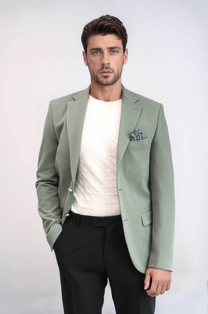 WSS Sage Green Textured Gold Metal Button Slim Fit Men's Blazer Jacket  - Ciudad Victoria