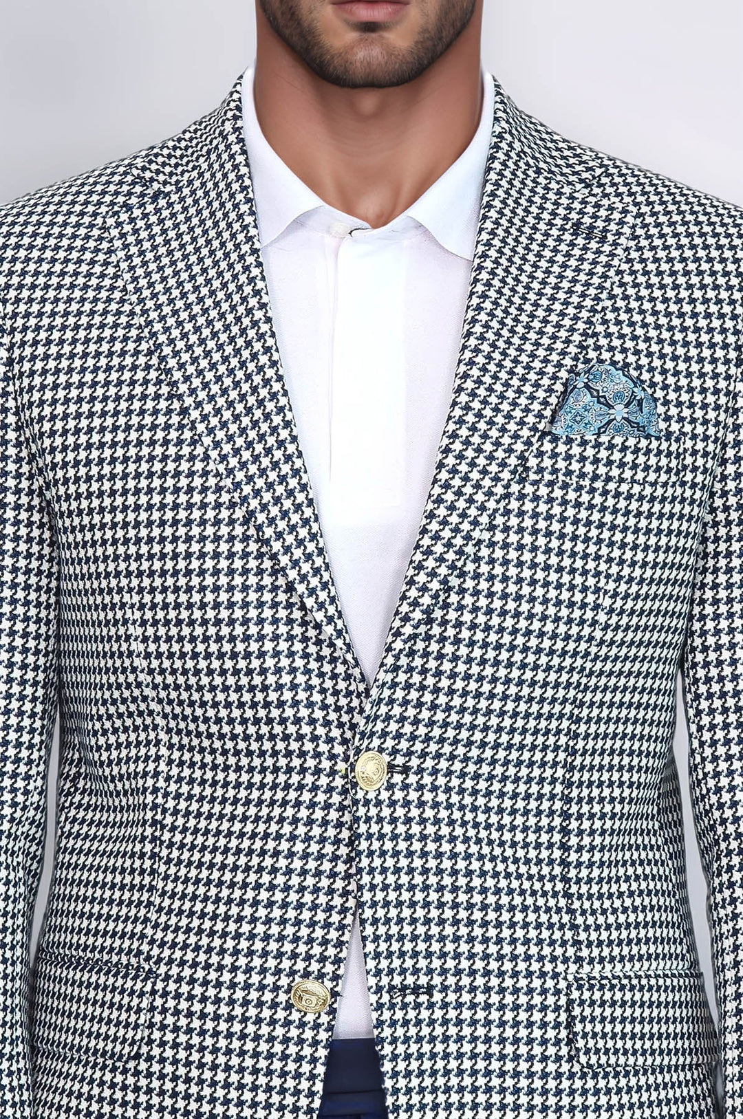 WSS Navy Blue Houndstooth Pattern Gold Metal Button Slim Fit Men's Blazer Jacket  - Annemasse