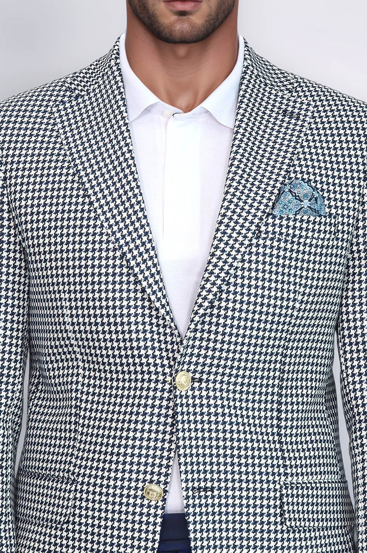 WSS Navy Blue Houndstooth Pattern Gold Metal Button Slim Fit Men's Blazer Jacket  - Annemasse