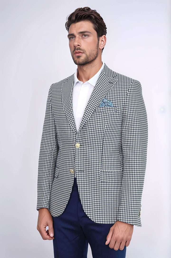 WSS Navy Blue Houndstooth Pattern Gold Metal Button Slim Fit Men's Blazer Jacket  - Annemasse